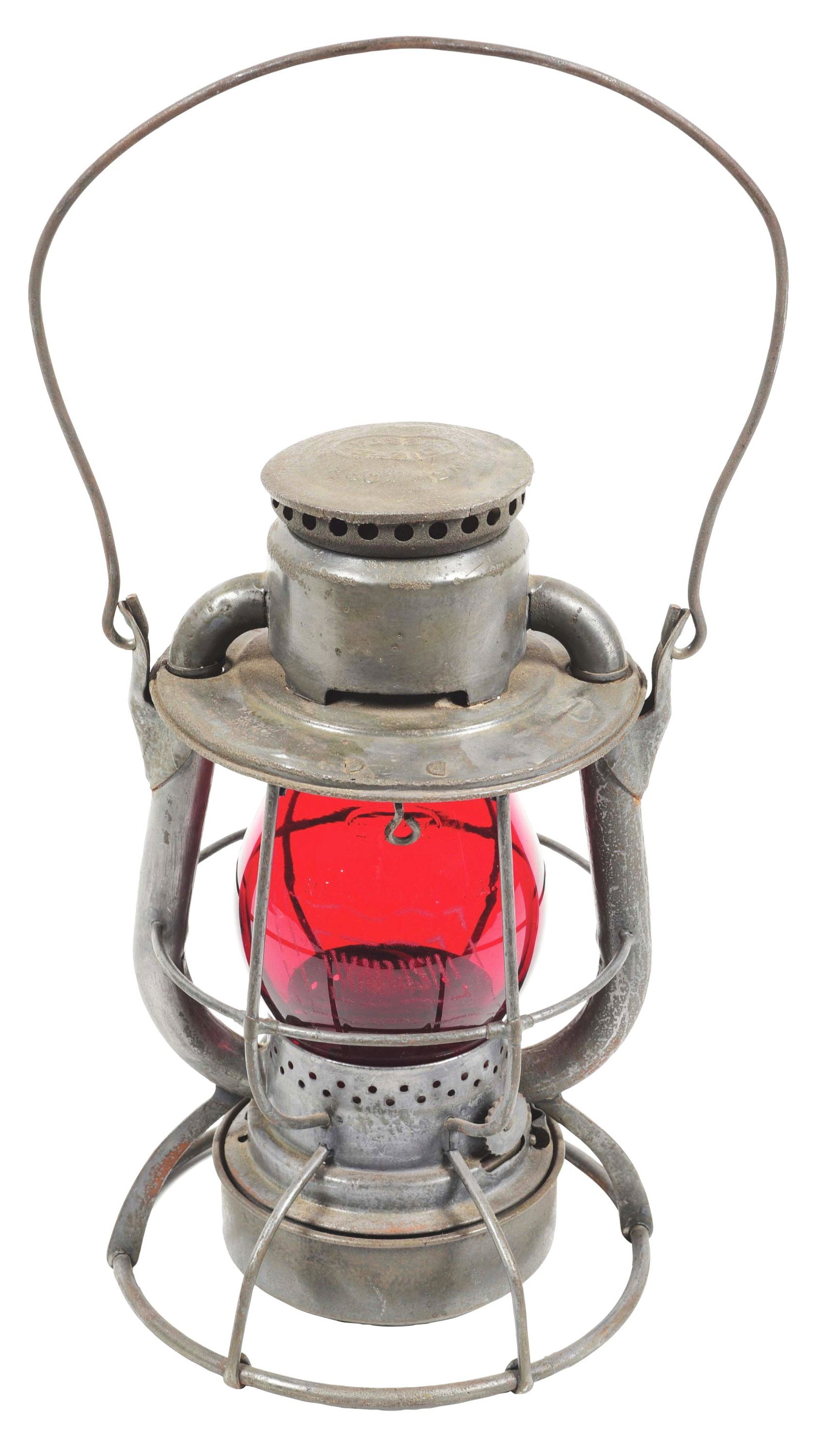 WABASH RAILROAD LANTERN.: A Dietz Vesta tall model made in 1923 with a smooth fount and burner intact. "WABASH RR" is nicely embossed on the lid reflector. The frame shows an old restoration with overcoat. The top of the chimn