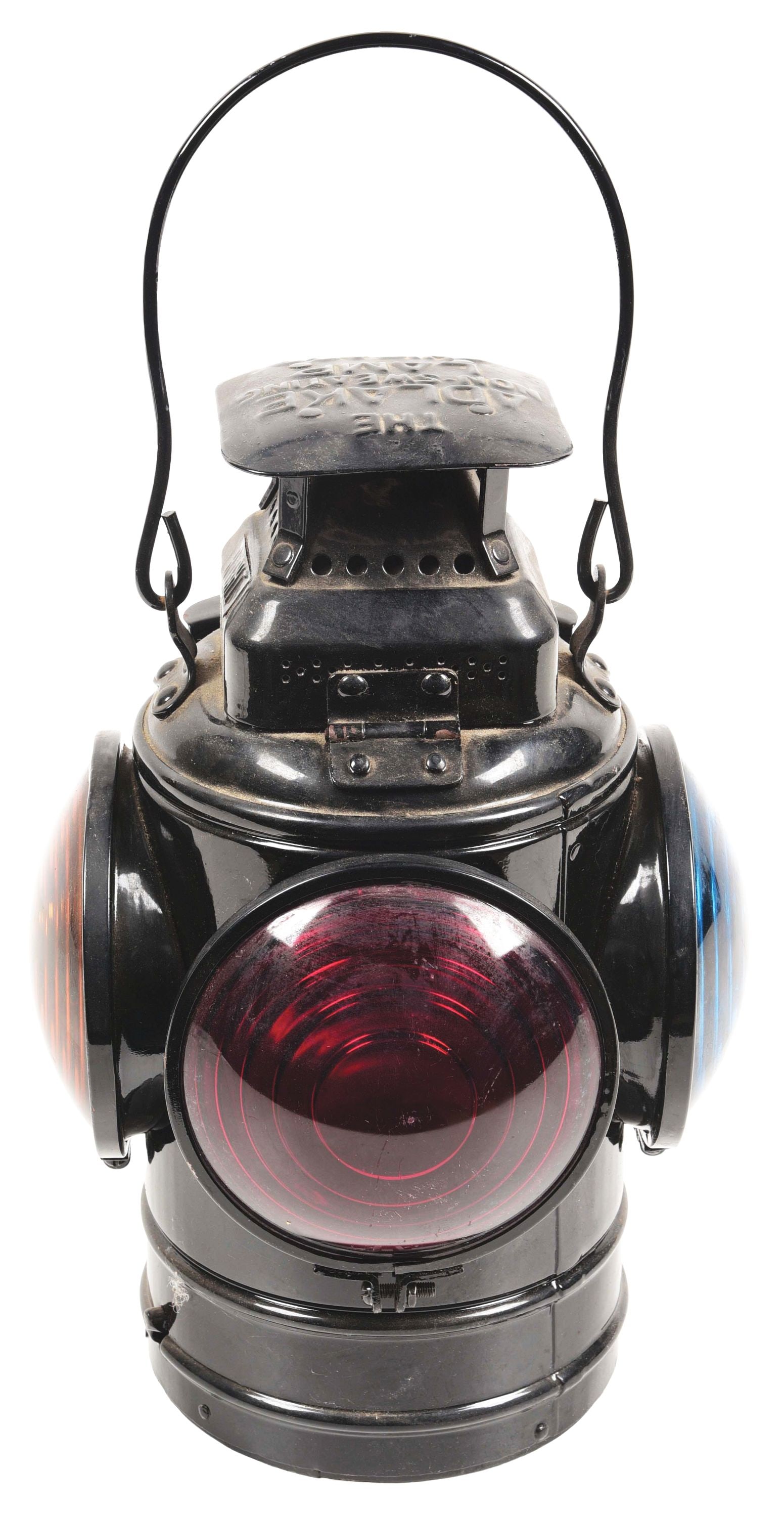 ERIE RAILROAD CABOOSE MARKER LAMP.: An Adlake square-top three-position marker light, complete with the correct fount and burner unit. "E" in diamond logo is embossed on a tag affixed underneath the amber lens. This lamp shows 100% glos