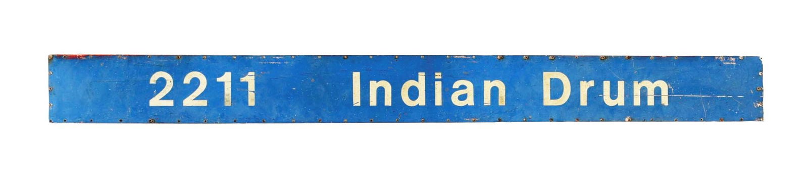 AMTRAK PASSENGER CAR LETTER BOARD.: A heavy-gauge stainless steel letter board, "2211 Indian Drum" in reflective lettering on a blue field. The passenger car "Indian Drum" was built by Pullman-Standard in 1947 as a 24-Duplex Roomette Sl