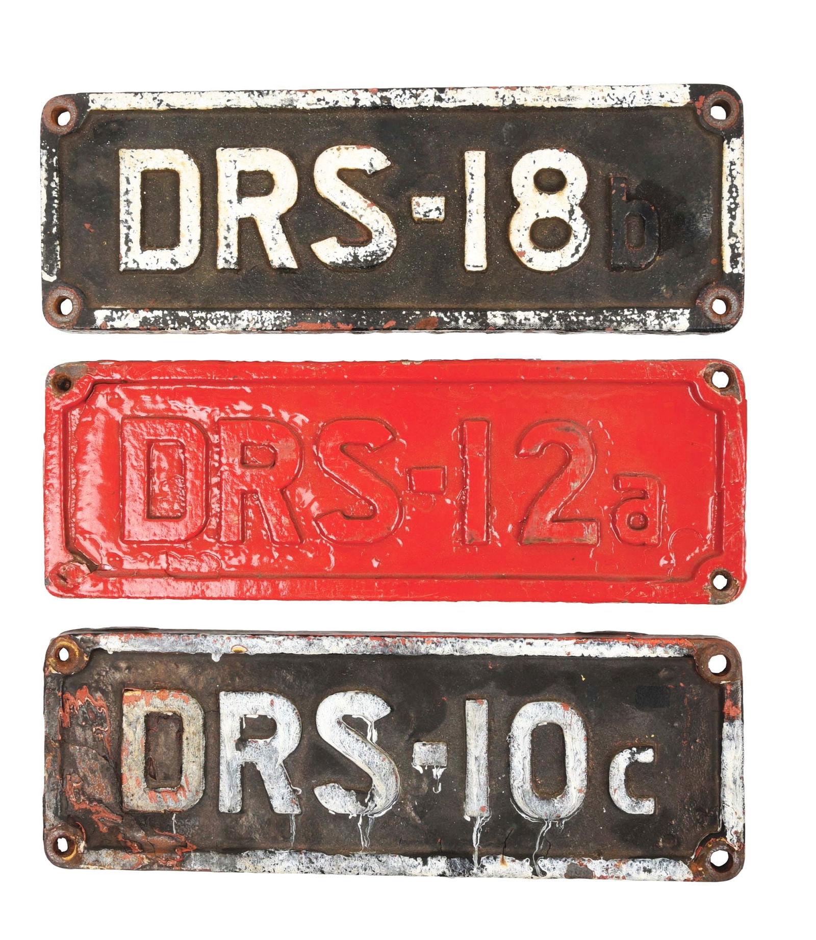 LOT OF 3: RAILROAD LOCOMOTIVE ID PLATES.: (A) A cast iron locomotive classification plate from MLW Model RS-23 (DRS-10B), CPR Road No. 1362. Plate shows old deteriorated black field paint with white letters and border. Condition: 6.0, Good. (