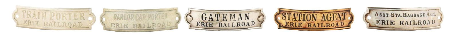 LOT OF 5: ERIE RR RAILROAD UNIFORM HAT BADGES. (1 of 2)