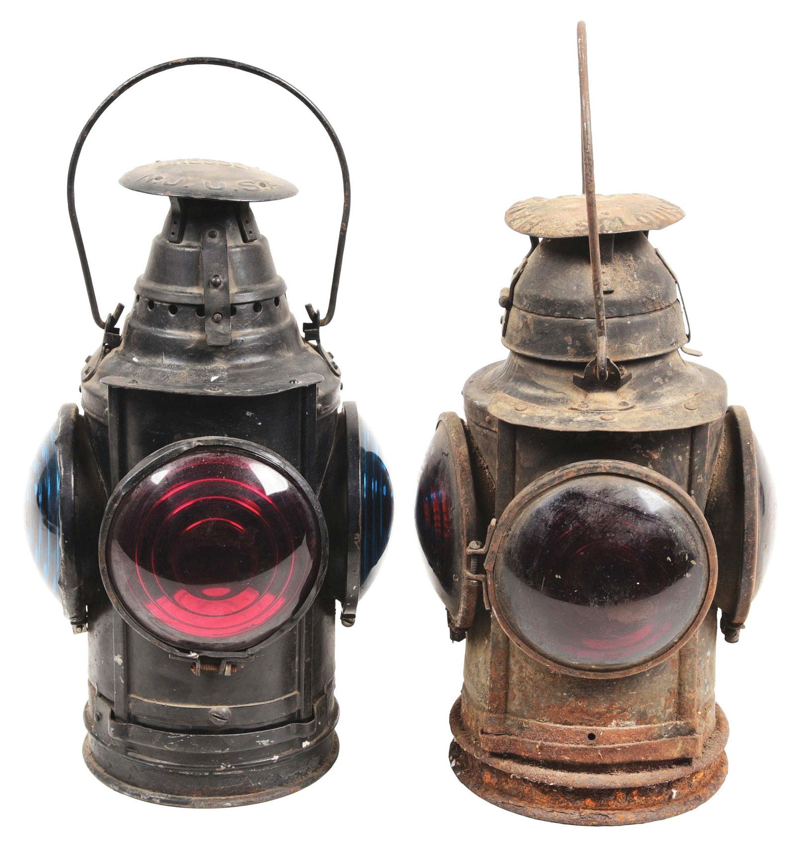 LOT OF 2: RAILROAD MARKER LAMPS.: (A) A Handlan caboose marker, missing the fount and burner assembly. There are three amber lenses and one red lens intact. The base shows very heavy rust and corrosion, with old, deteriorated black pa
