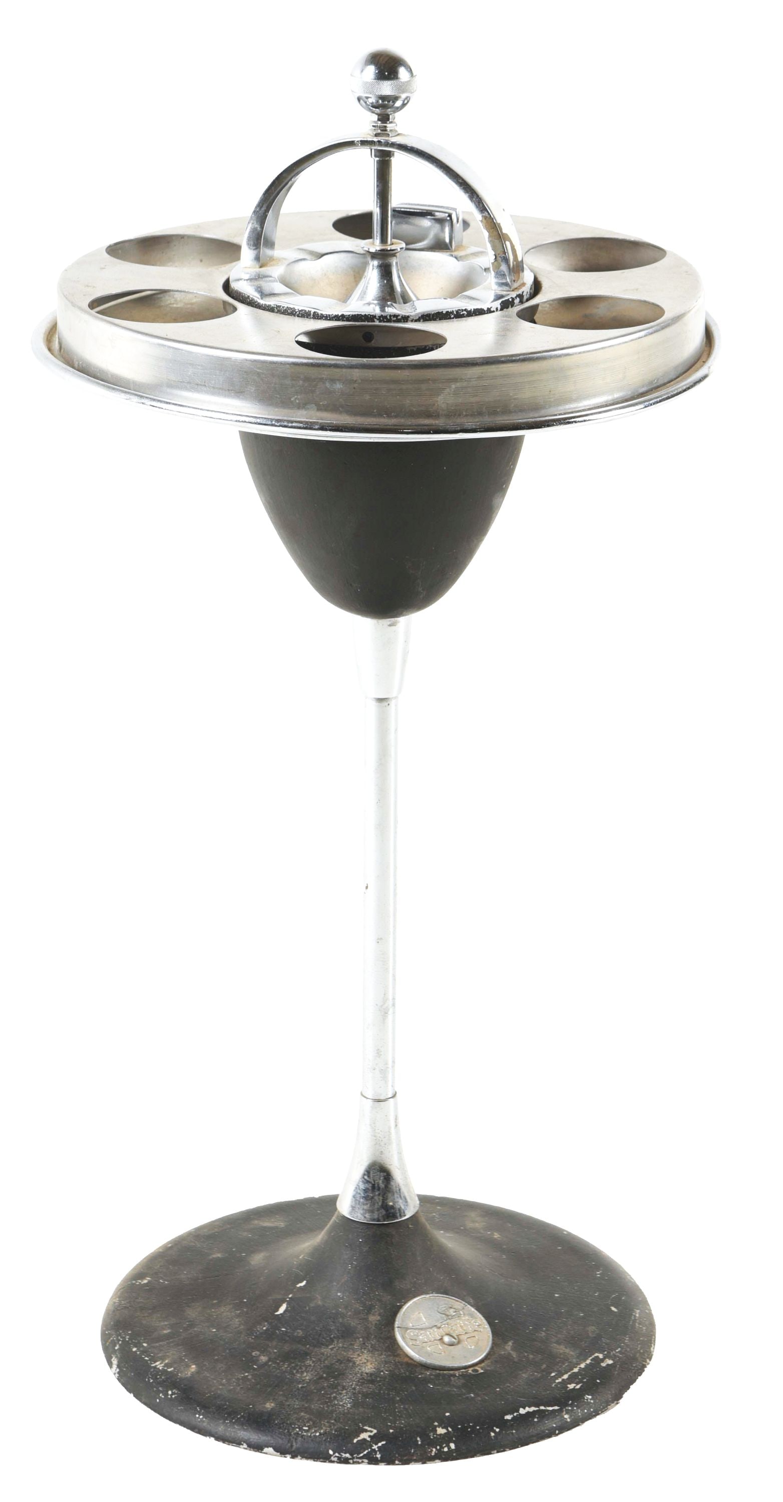 RAILROAD SMOKE STAND.: A six-station lounge car drink holder with ash receptacle, mounted on a pole with a weighted base. The base has a medallion affixed, which is cracked and embossed with the Santa Fe cross logo. The bas