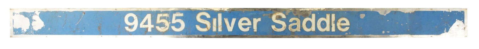 AMTRAK PASSENGER CAR LETTER BOARD.: A heavy-gauge stainless steel letter board, "9455 Silver Saddle" in reflective lettering on a blue field. The passenger car "Silver Saddle" started life as CB&Q 4721, which became BN 4721, and then to