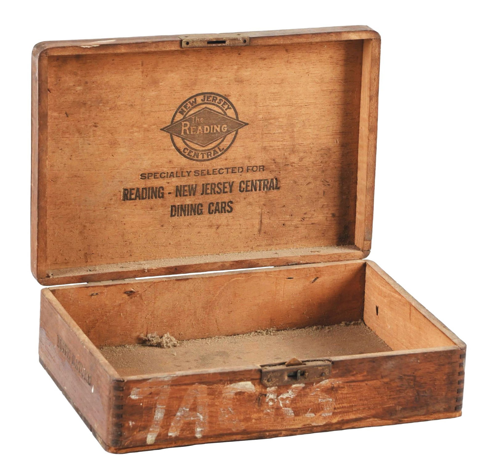 READING CIGAR BOX.: A small cedar cigar box made for the Reading Railroad. There is a nice embossed logo on the inside cover, "Specially Selected for Reading-New Jersey Central Dining Cars." There is a detailed hallmark 