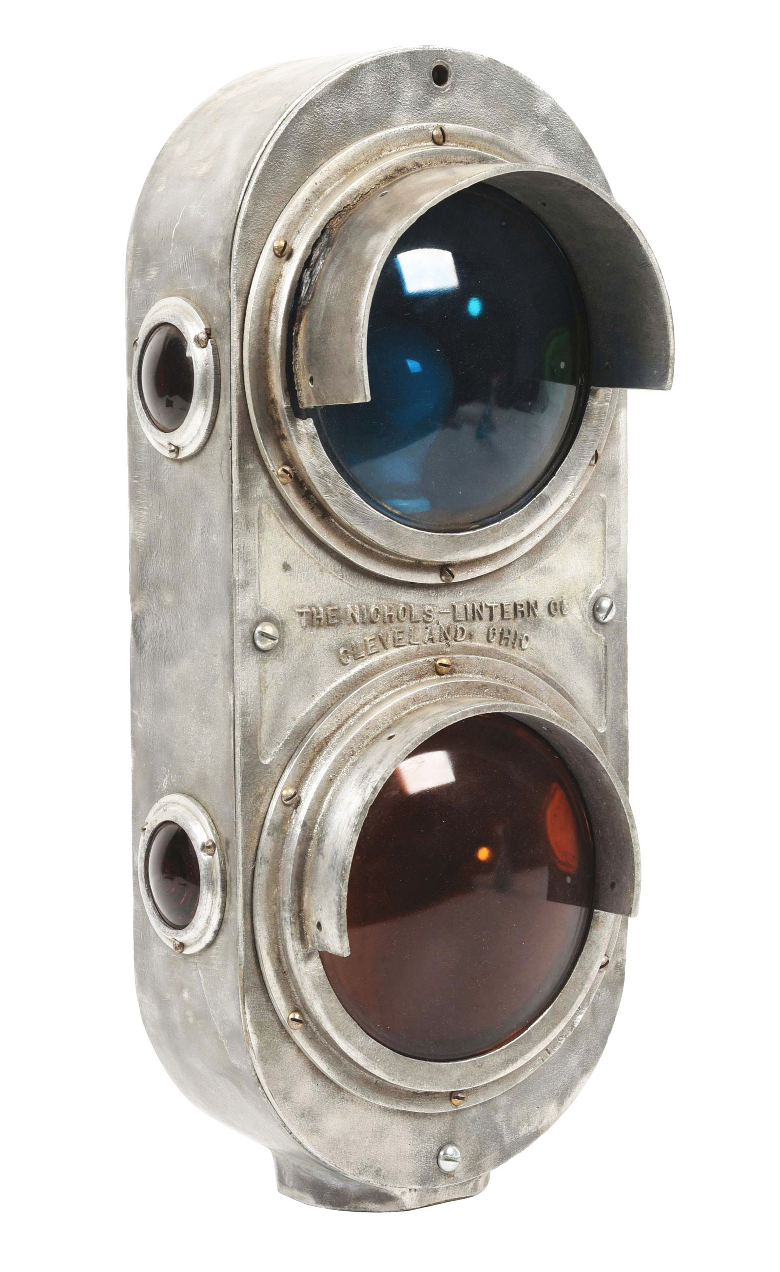 2-ASPECT SIGNAL.: A two-aspect signal assembly made by the Nichols Lintern Co., Cleveland, Ohio. The unit is complete with 5 - 3/4" green and yellow lenses on the front face and four yellow 1 - 3/4" lenses, two on each