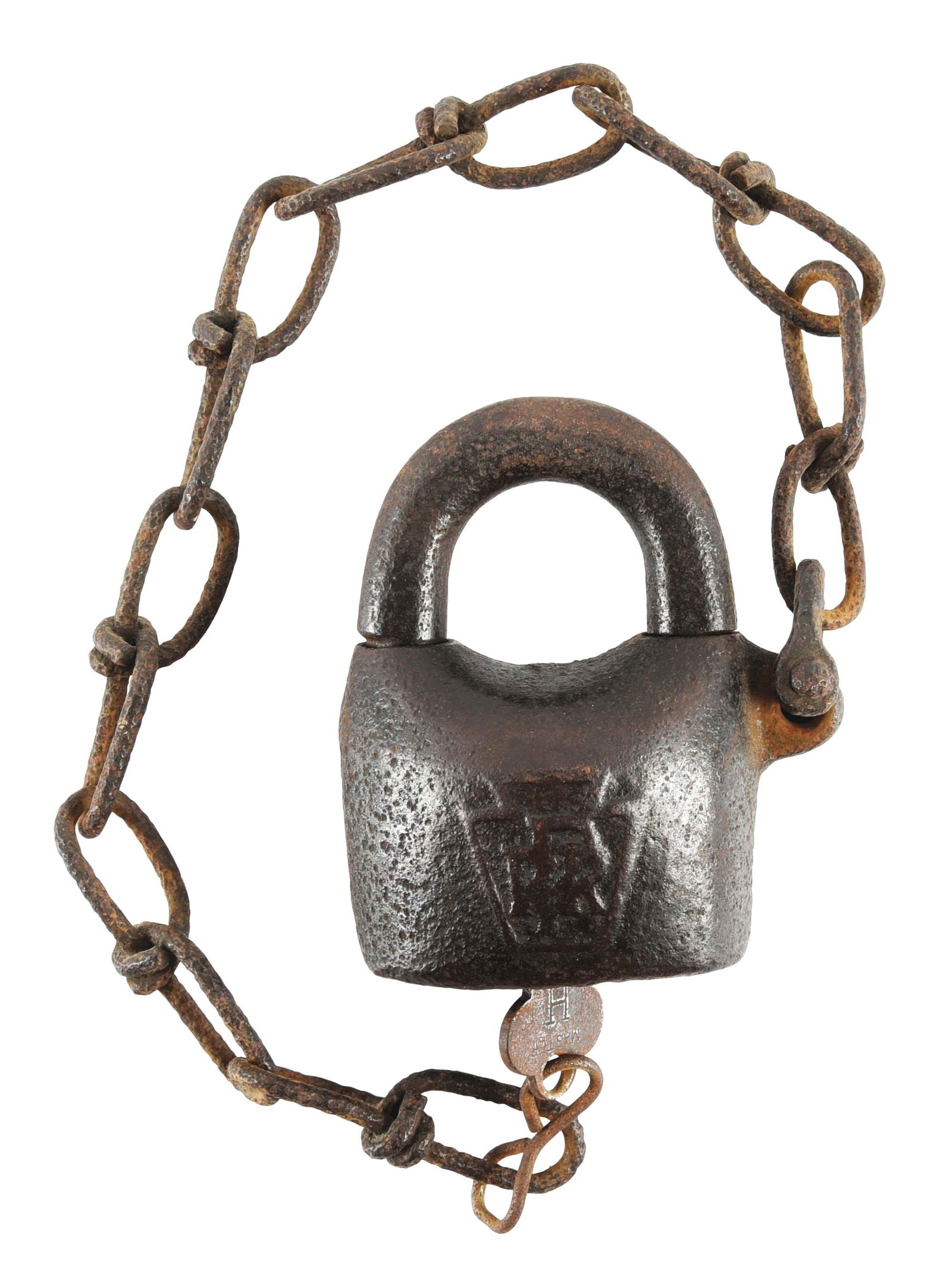 PRR RAILROAD LOCK.: A cast iron large-bodied Scandinavian "Potato" lock. PRR Keystone logo embossed on the face. On the rear face, "56531H" is incised. An old key is included with the lock, as well as 14 links of old ste