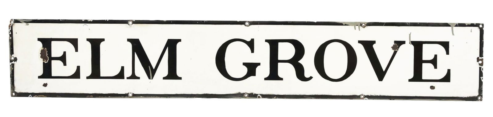 ELM GROVE PORCELAIN RAILROAD SIGN.: SSP. C. 1940s Elm Grove single-sided porcelain sign. CONDITION: Sign has good color and gloss with minor porcelain chips in the field. Sign has areas of surface staining, as well as grey paint drips o