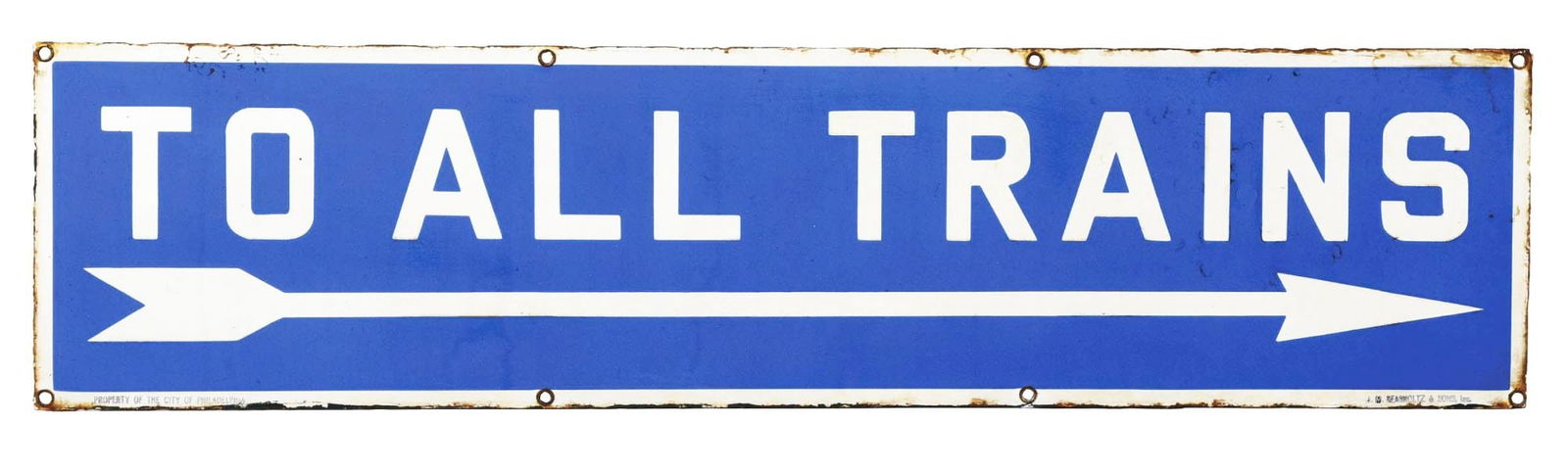 TO ALL TRAINS PORCELAIN SUBWAY SIGN W/ ARROW GRAPHIC. (1 of 2)
