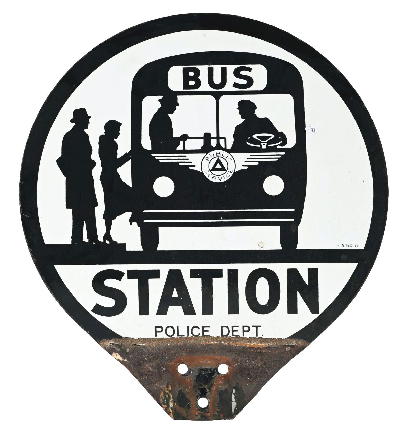 BUS STATION POLICE DEPARTMENT PORCELAIN SIGN W/ BUS GRAPHIC. (1 of 3)