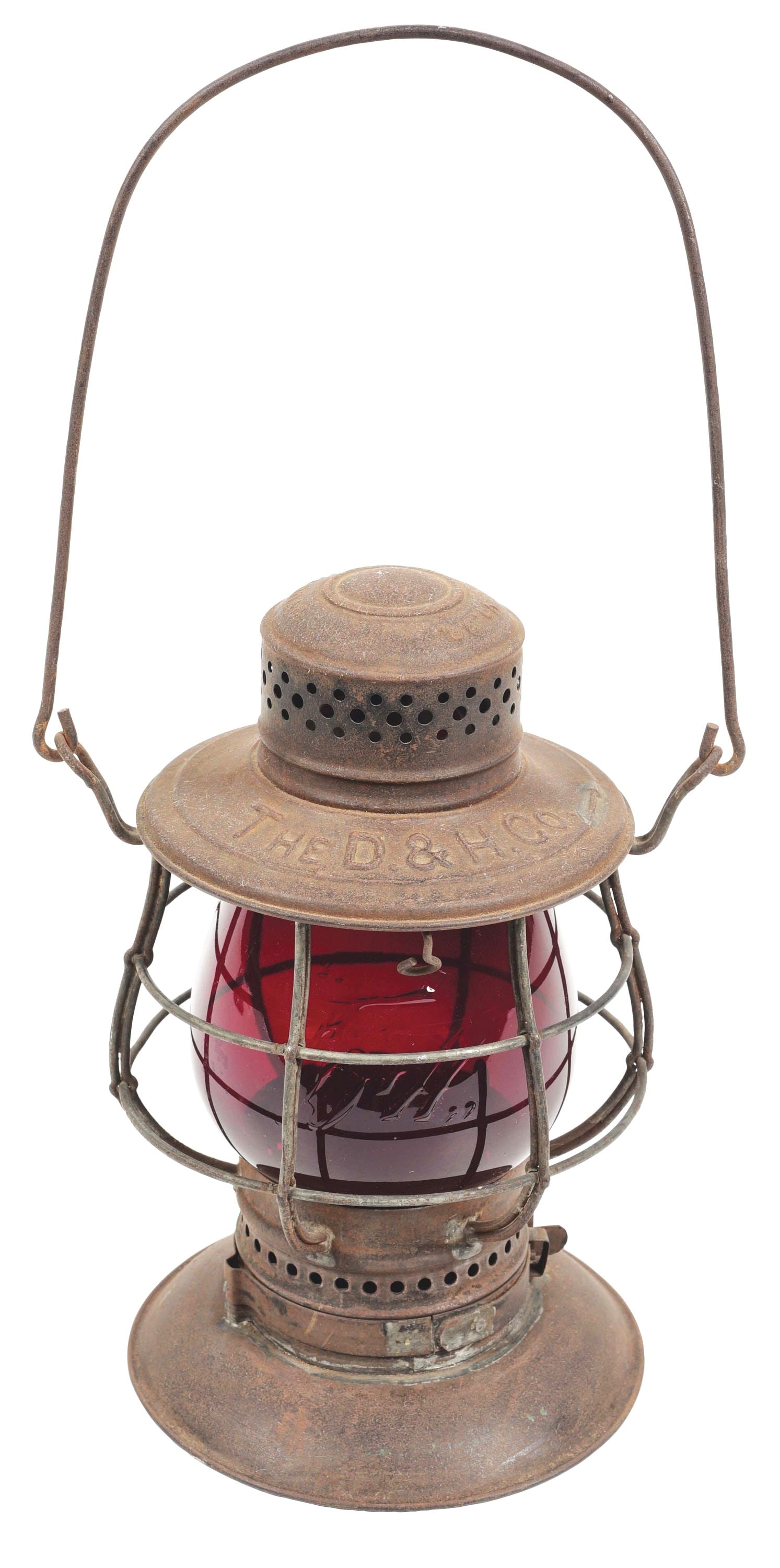 D&H RAILROAD LANTERN.: A C T Ham No. 39 double-guard bellbottom lantern with bayonet base and No. 1 ratchet burner affixed. The base is correct for this model and is stuck on the frame. "The D. & H. Co." is nicely embossed