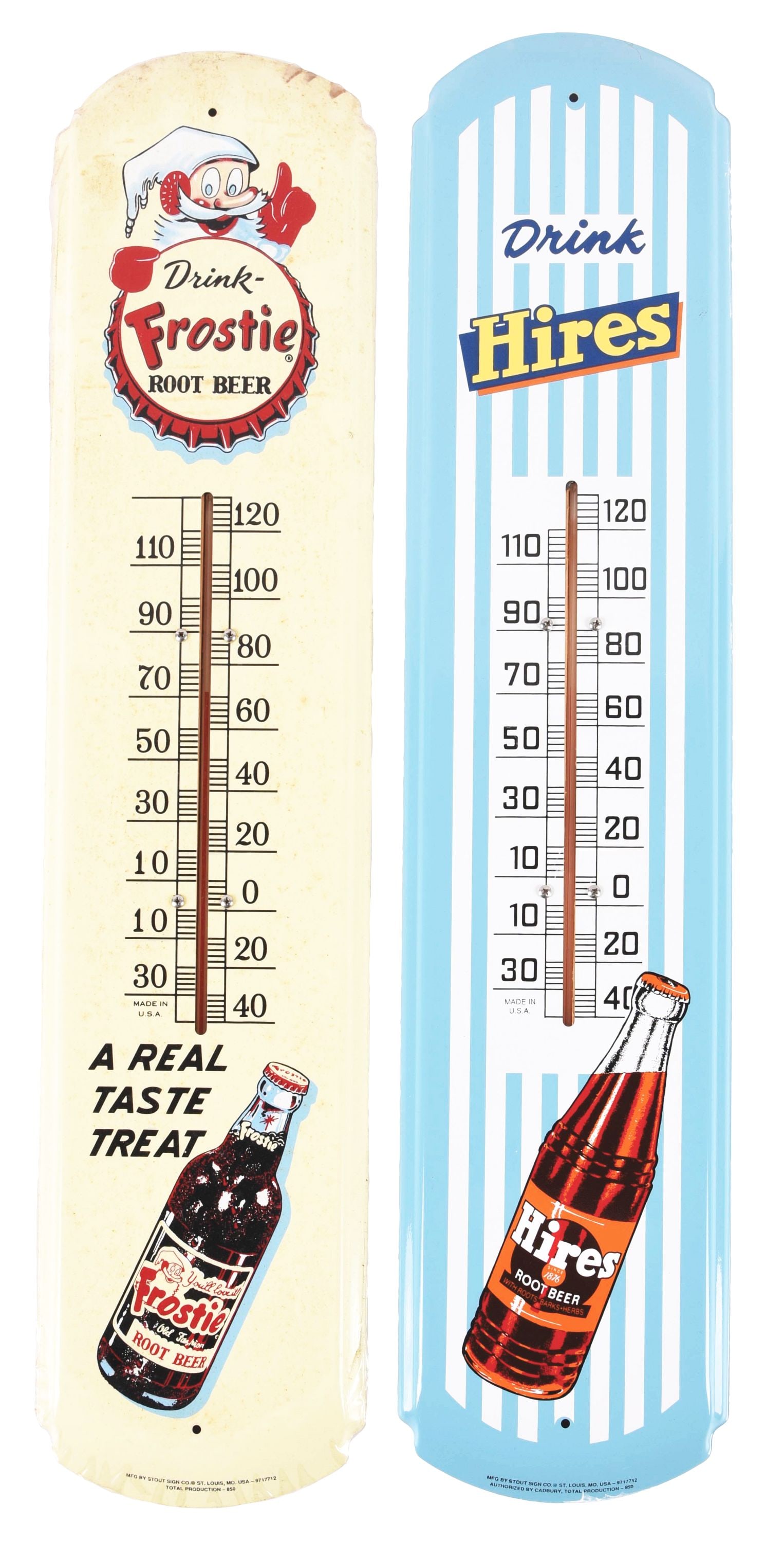 COLLECTION OF 2: EARLY ROOT BEER THERMOMETER SIGNS W/ BOTTLE GRAPHICS. (1 of 4)