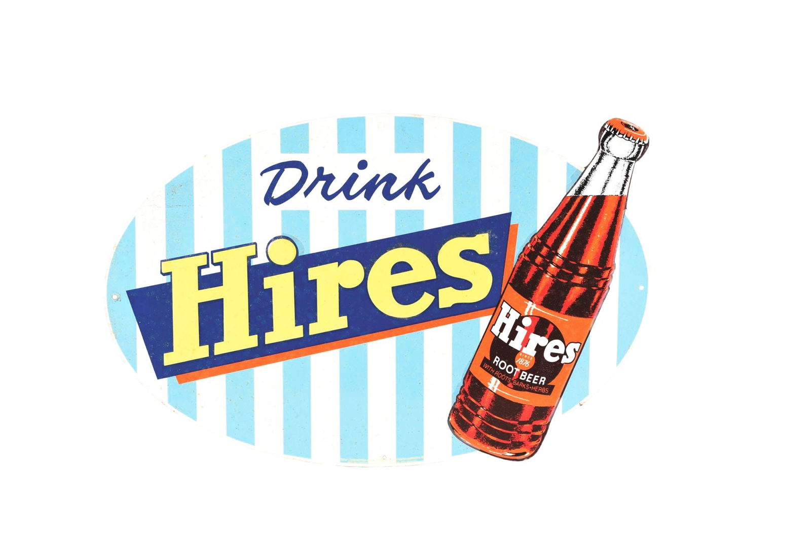 DRINK HIRES EMBOSSED TIN SIGN W/ BOTTLE GRAPHIC. (1 of 3)