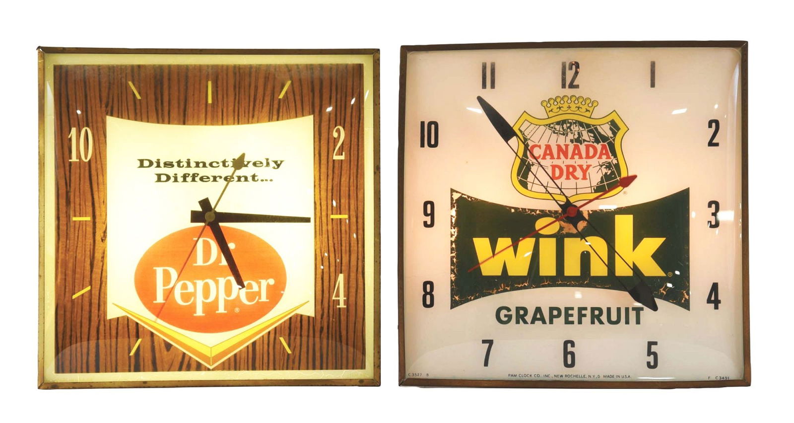 PAIR OF 2 ADVERTISING SODA POP CLOCKS.: This is a pair of advertising soda pop clocks. (A) Original square Pam clock advertising Dr Pepper, with original clock face, original hands and original can. Showing some wear and paint loss and oxid