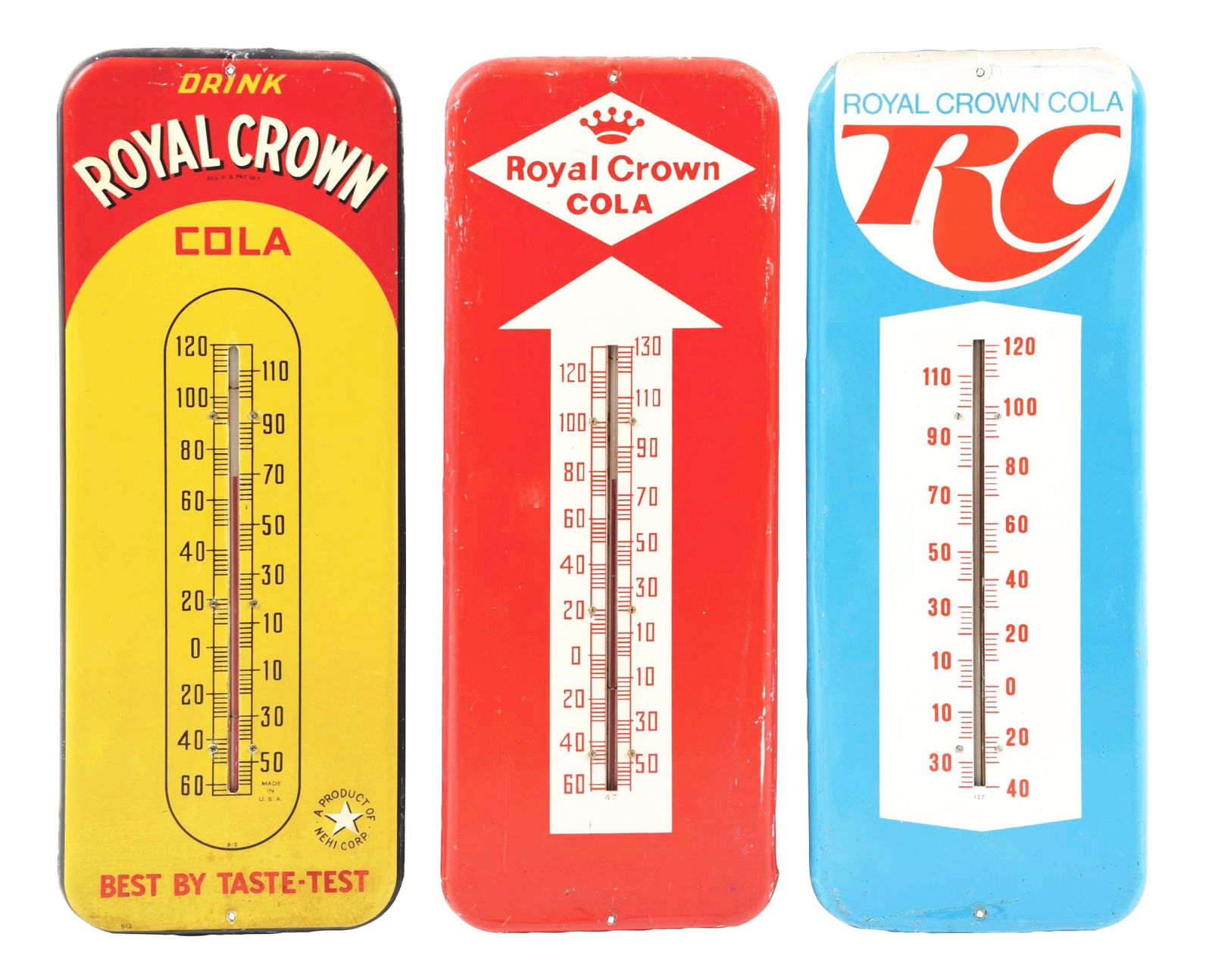 COLLECTION OF 3: ROYAL CROWN THERMOMETERS.: This is a collection of three Royal Crown thermometers. (A) RC in blue, showing areas of paint loss and scratches to the outside edges, with good color and shine. (B) Royal Crown Cola with arrow in re
