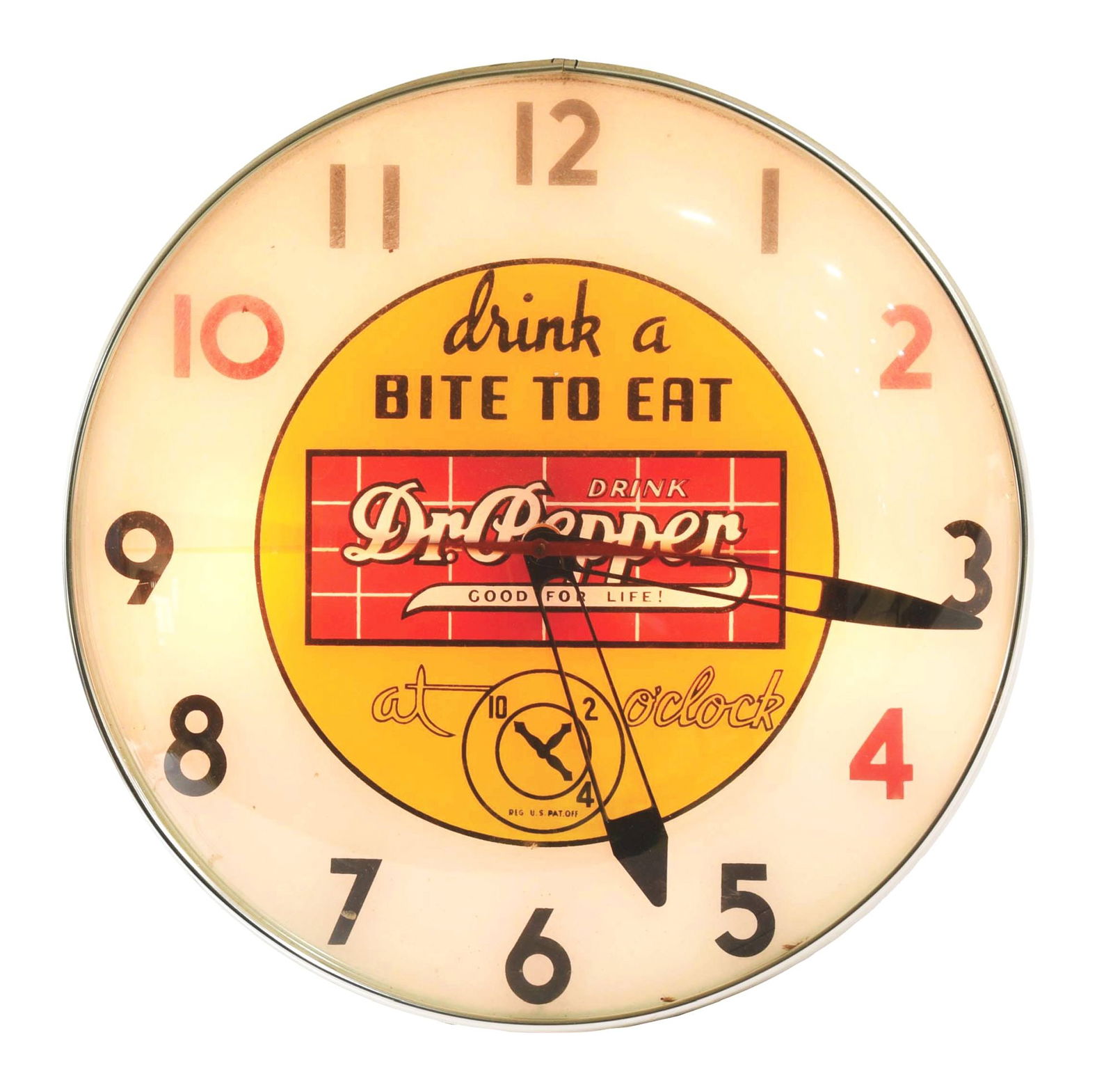 DR PEPPER PAM CLOCK.: This is a later issue Dr. Pepper Pam clock, showing original dial hands, brightly-colored and lit clock face and original can. Condition: (8.7). Dimensions: 15" x 4" x 15".