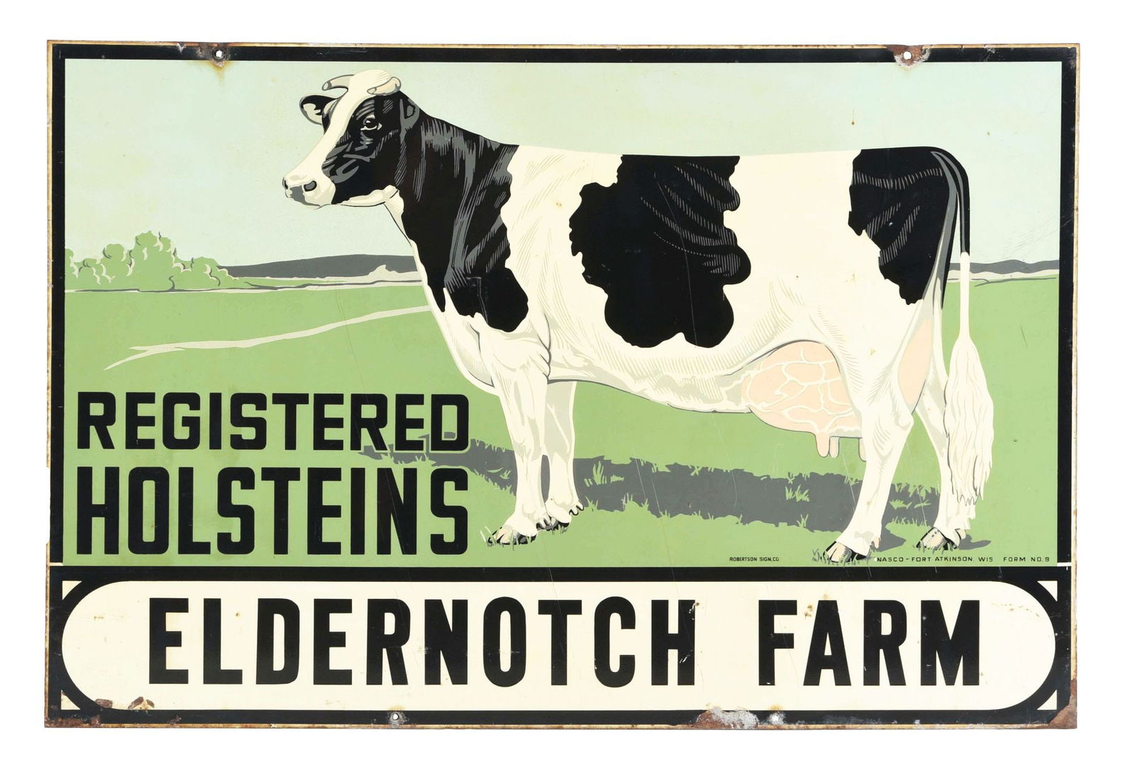DOUBLE-SIDED PORCELAIN SIGN ADVERTISING "REGISTERED HOLSTEINS TO THE ELDERNOTCH FARM". (1 of 3)