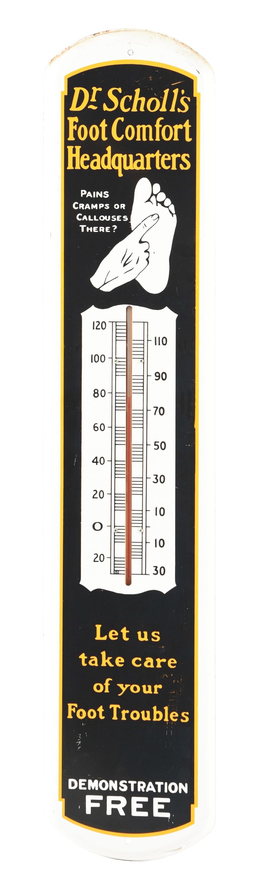 DR. SCHOLL'S FOOT COMFORT HEADQUARTERS THERMOMETER W/ HAND & FOOT GRAPHIC. (1 of 2)