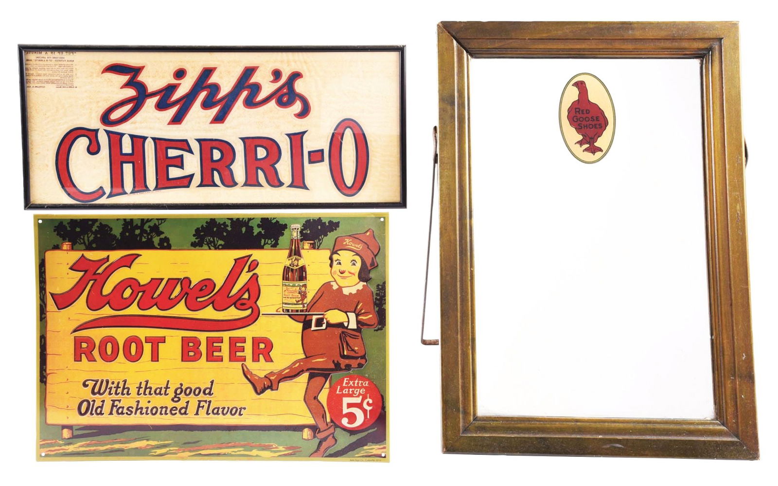 COLLECTION OF 3: ADVERTISING PIECES.: A collection of three advertising pieces. CONDITION: (A) Reproduction Howel's Root Beer embossed tin sign, marked for the AAA Sign Co. The sign has good color throughout, with areas of staining mostly