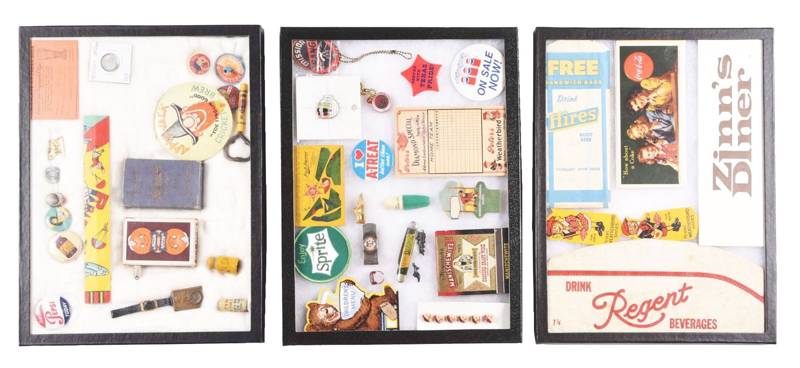 COLLECTION OF 3: SHADOWBOXES FULL OF SMALL ADVERTISING ITEMS.: Collection of small advertising items is housed in three shadow boxes, consisting of Smile Soda playing cards, novelty rings, pin-back buttons, pocket mirrors and cardboard trade signs, including a Co