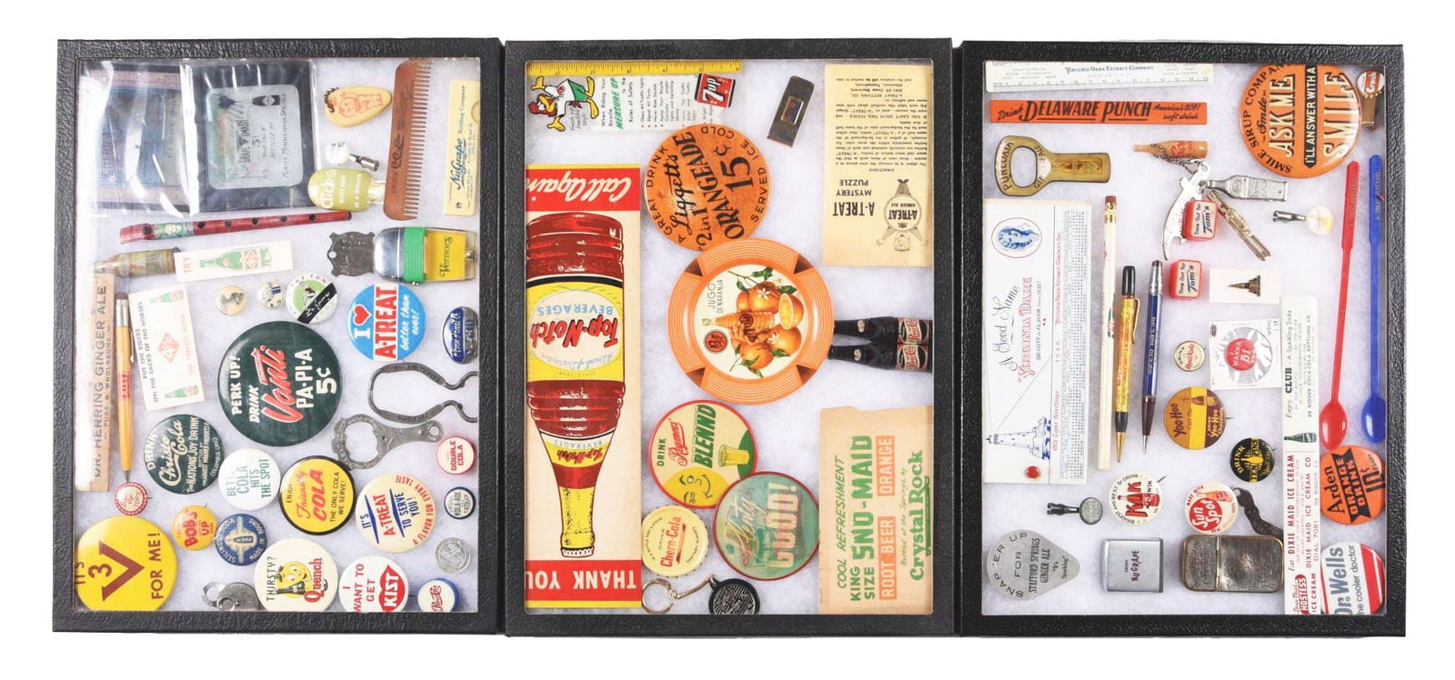 COLLECTION OF 3: SMALL ADVERTISING ITEMS HOUSED IN SHADOWBOXES.: A great collection of advertising smalls housed in three shadow boxes consisting of Grape Smash Theater glass slides, pin-back buttons, pocket mirrors, Jugo soda pop tip tray, large Orangeade pin-back