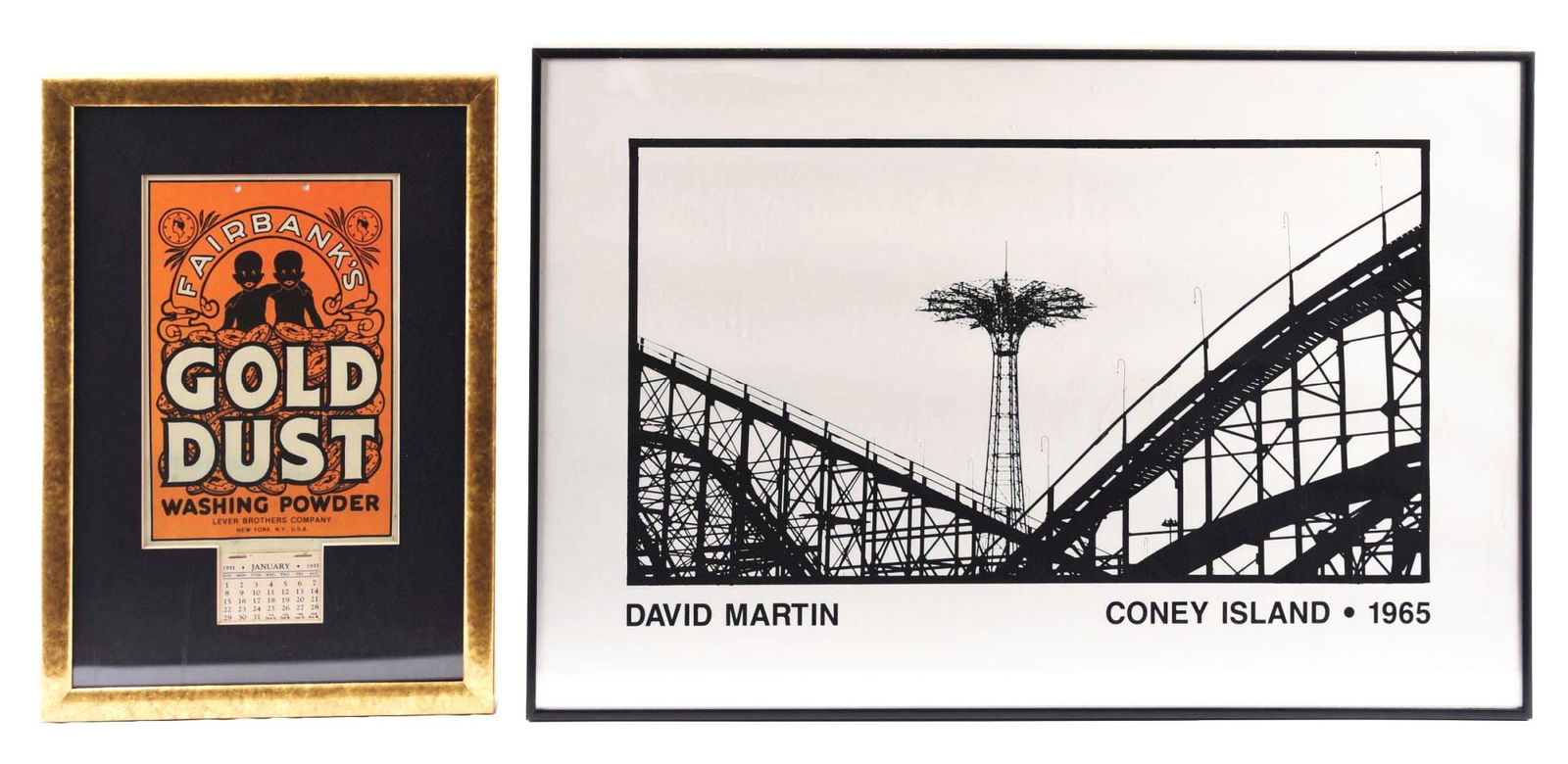 LOT OF 2: CONEY ISLAND ART AND FAIRBANK'S WASHING POWDER CALENDAR.: A nice pair of framed advertisements. (A) Gold Dust Washing Powder 1933 calendar. Showing little wear, oxidation to the staples, light wear at the edges. (B). 1965 Coney Island photo by David Martin.