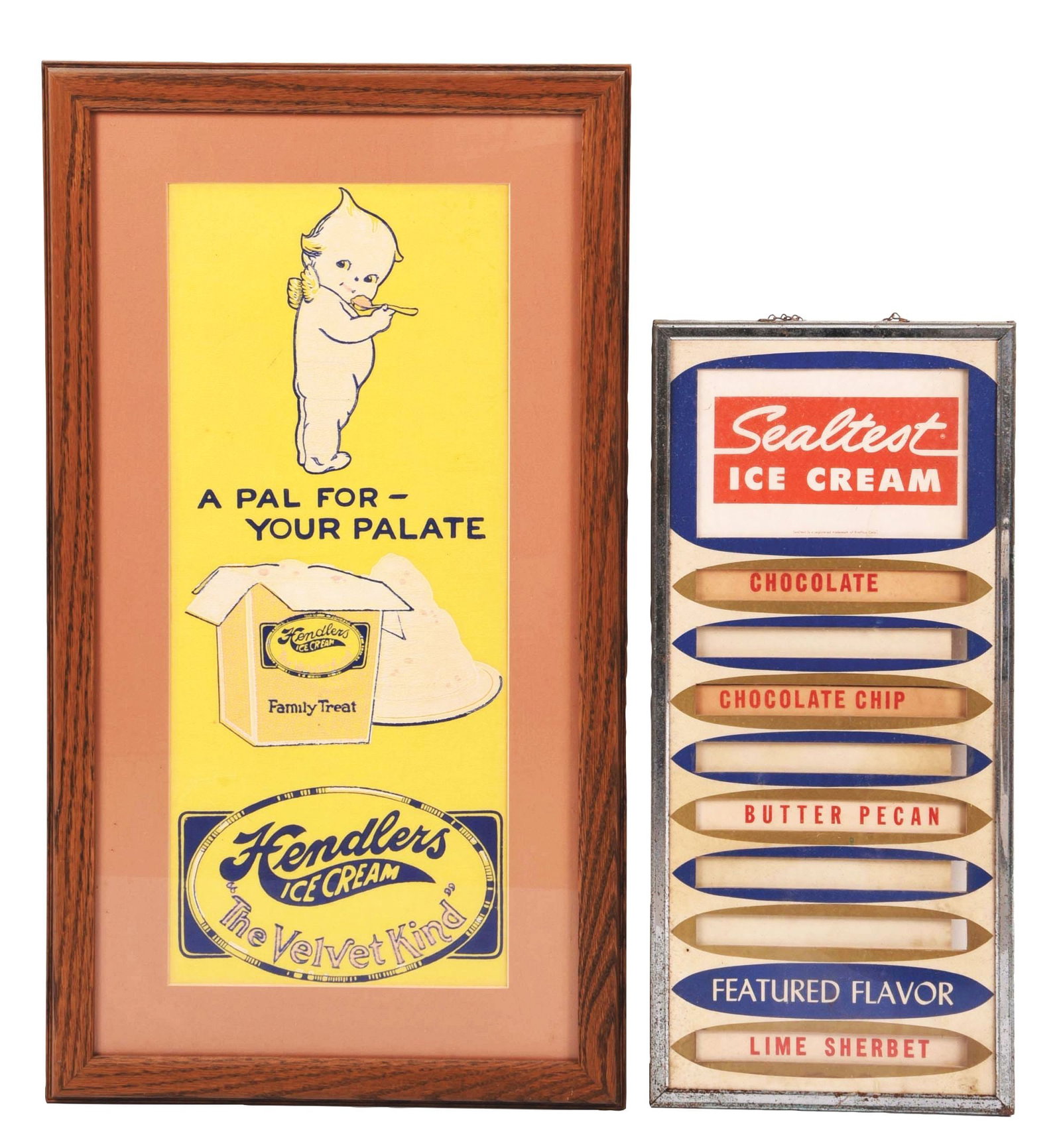 COLLECTION OF 2: ICE CREAM ADVERTISEMENTS.: A collection of two early ice cream advertisements. CONDITION: (A) Hendler's Ice Cream "The Velvet Kind" paper lithograph has been professionally framed and matted. It has some areas of staining, as w