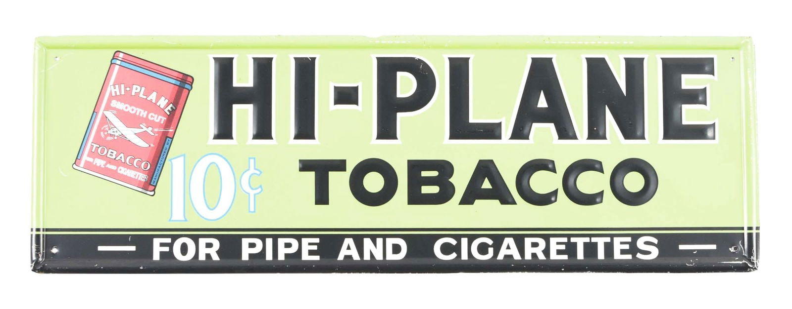 HI-PLANE TOBACCO SELF FRAMED EMBOSSED TIN SIGN W/ CIGARETTE PACK GRAPHIC. (1 of 2)