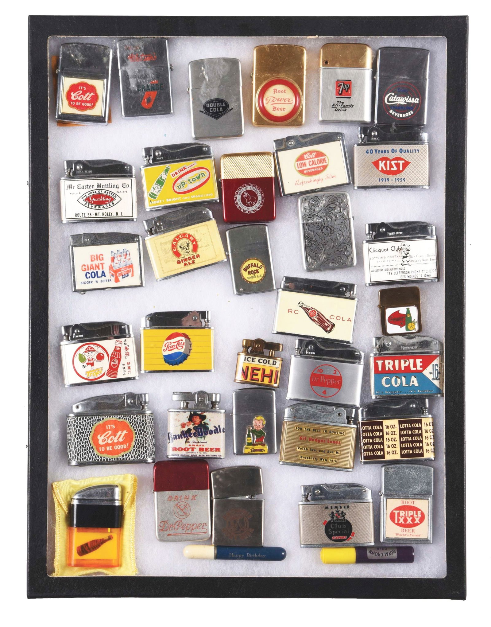 COLLECTION OF ADVERTISING CIGARETTE LIGHTERS IN A SHADOWBOX. (1 of 1)