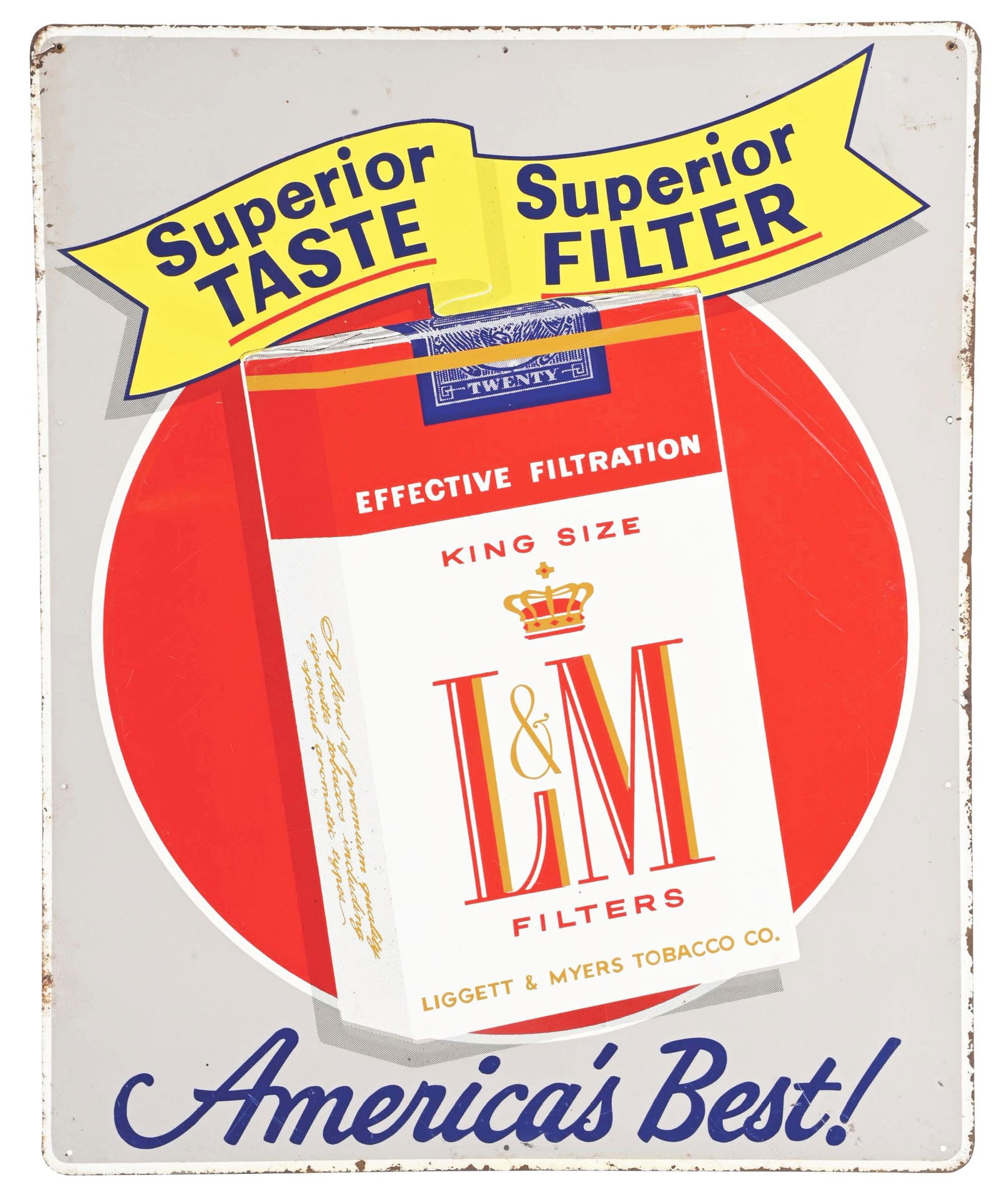 L&M CIGARETTES PAINTED METAL SIGN W/ CIGARETTE PACK GRAPHIC. (1 of 2)