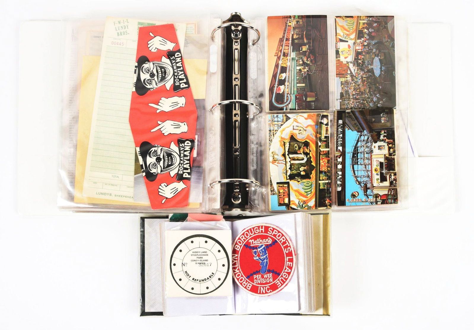 LARGE COLLECTION OF CONEY ISLAND MEMORABILIA.: Large collection of Coney Island memorabilia consists of postcards, flyers, tickets, souvenirs and many other items. Condition: (8.0 - 9.0+). Dimensions: Largest: 11 - 1/2" x 3 - 1/2" x 11 - 1/2".