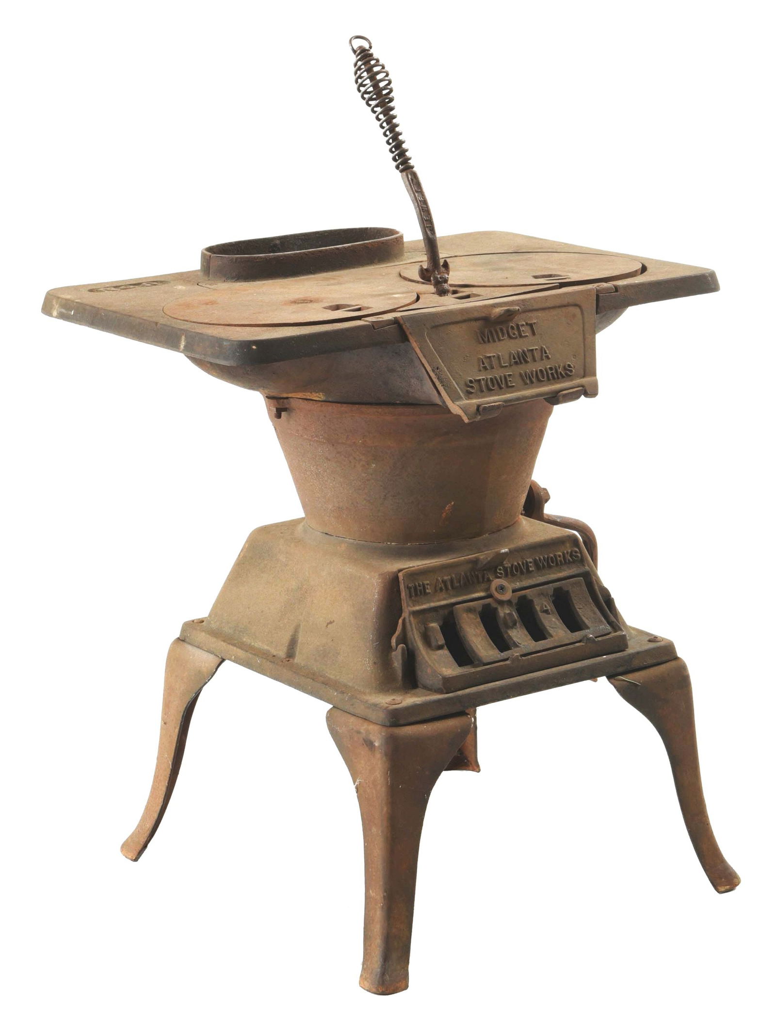 NO. 8 MIDGET CAST IRON STOVE BY THE ATLANTA STOVEWORKS.: This is a very rare cast iron stove called the "Midget" by the Atlanta Stoveworks, Atlanta, GA. Complete stove with two areas of cooktop, original cast iron legs, complete with lid lifts and front doo