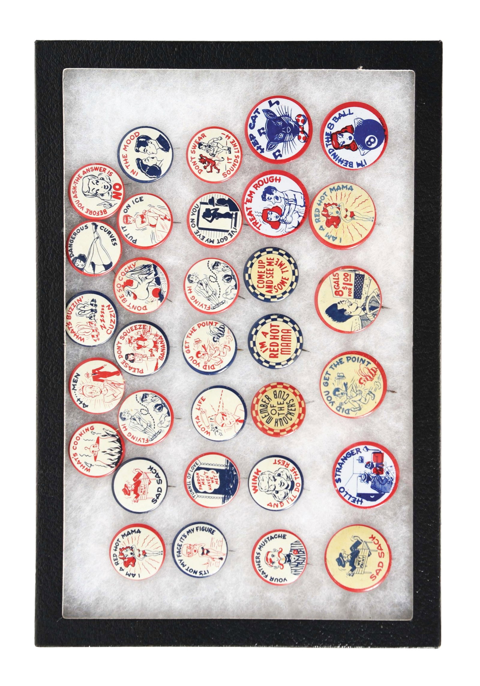COLLECTION OF POP CULTURE PINBACK BUTTONS.: A fantastic collection of pop culture pinback buttons of various designs and messages. Condition: (8.5 - 9.0). Dimensions: Box: 12 - 1/4" x 3/4" x 8 - 1/4".