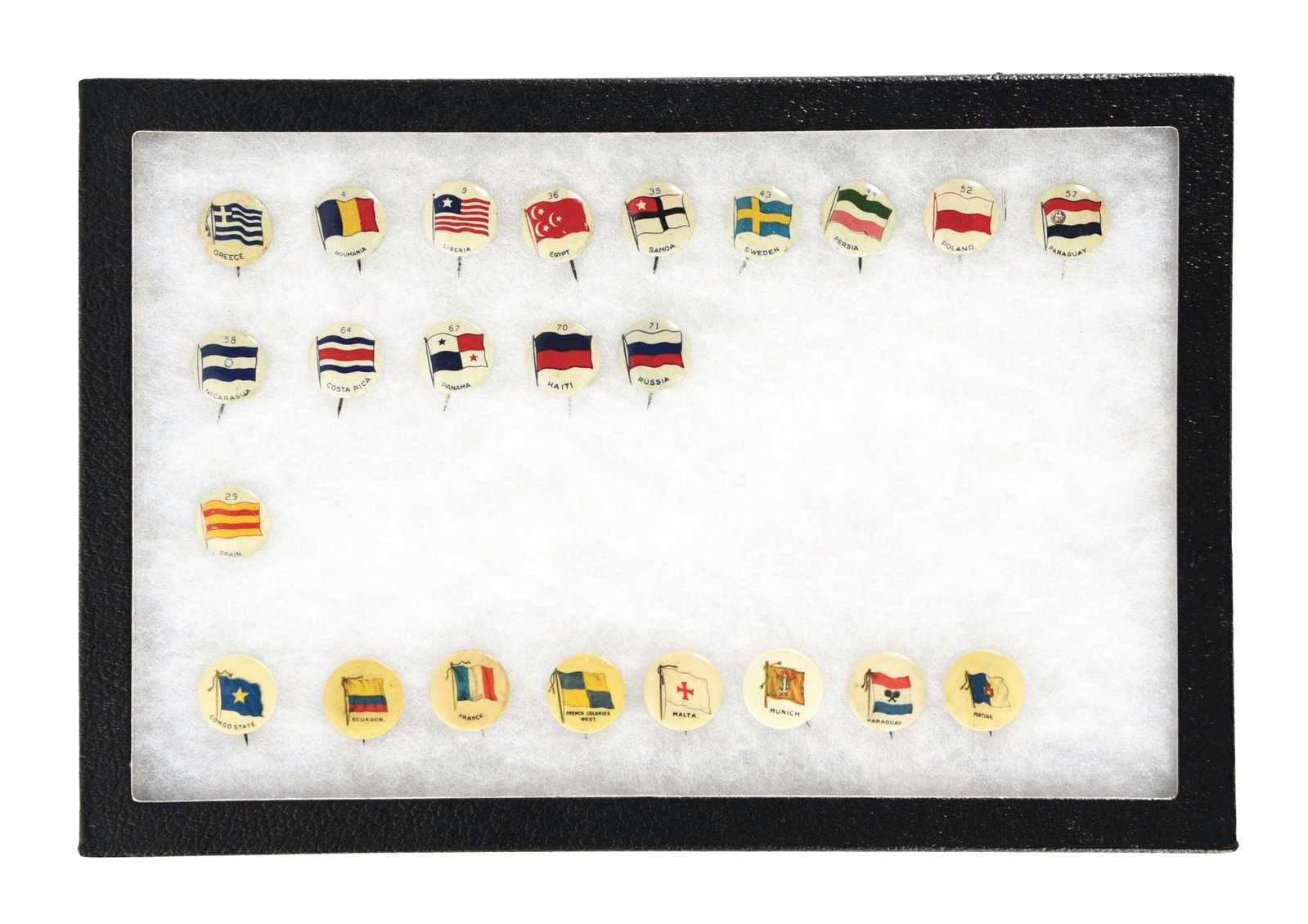 COLLECTION OF STATE COAT OF ARMS PINBACK BUTTONS.: There appears to be 50 included. Condition: (8.5 - 9.0). Dimensions: Box: 12 - 1/4" x 3/4" x 8 - 1/4".