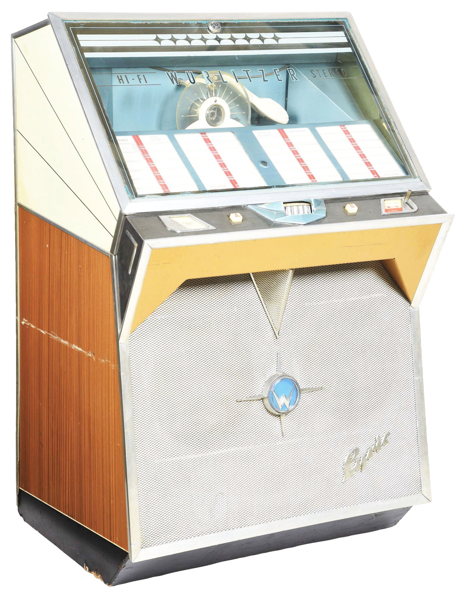 WURLITZER LYRIC JUKEBOX.: A Wurlitzer Lyric jukebox in original condition. These Wurlitzers were built at the end of the 1950's and were mainly constructed for large halls, bowling centers, pubs and so on. The volume can be re