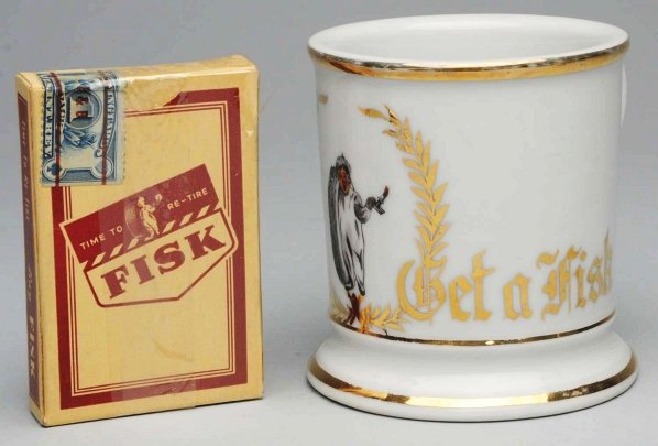 Fisk Tire Shaving Mug.: Gilt "Get a Fisk" across front. Stamped "Germany" under base. Image of a boy carrying a Fisk Tire. Comes with a deck of cards that has the same image of the boy with tire. Condition (Near Mint). Size