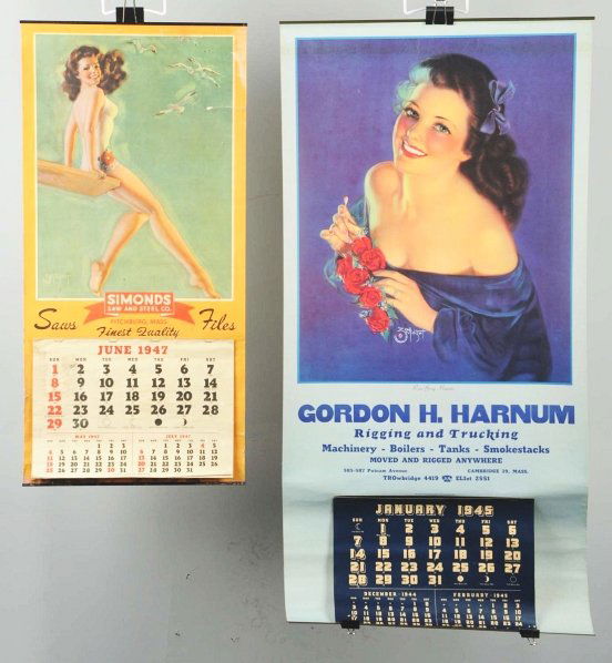 Lot of 2: Zoe Mozert 1940s Pinup Calendars.: The Simonds Saw has heavier stains and soiling with a closed tear. The large format “Roses Bring Memories” has only light roll marks and soiling in the top six inches. Condition (Excellent - Near
