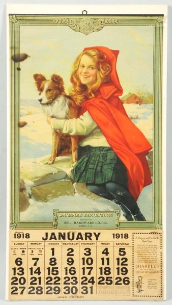 1918 Sharples Separators Calendars.: Light staining on calendar page with a few dark spots and surface wear on the calendar top. Condition (Very Good). Size 26" x 14".