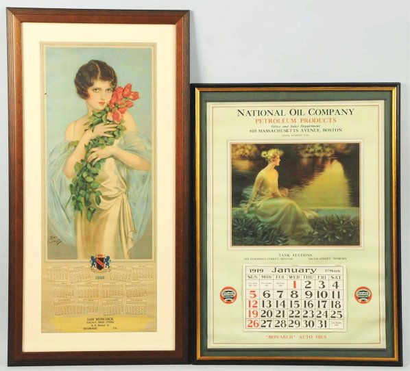 1919 & 1928 Pretty Girl Calendars.: Pennsylvania and Massachusetts. Both framed under glass. National Oil and gas has no wear and title “The end of a perfect day” by C. Warde Traver. Earl Christy girl is shown on the Selz shoes piec