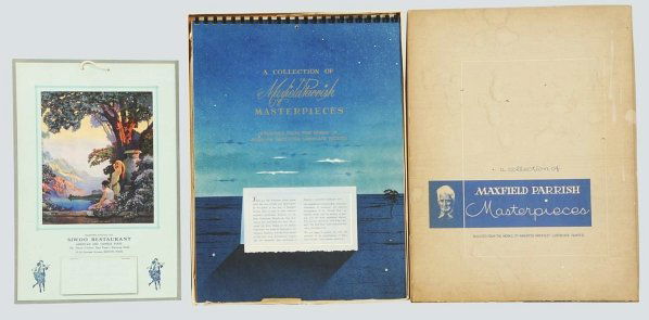 Lot of Maxfield Parrish & One "Imitator" Calendar: A small calendar by another artist who initiated the style of Parrish. It has no wear. Also is a 1956 calendar with six pages of assorted Parrish paintings, in its original presentation box. The box h