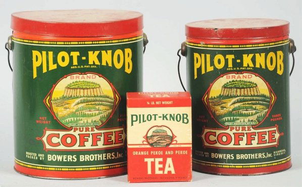 Lot of 2: Pilot Knob Coffee Tins & Tea Box.: Repaint on lid and bottom red band of the three pound tin with wear and small spot touch-up as well. Just a few spots touched on the five pound tin. Light soiling on box side panel. Condition (Very Go