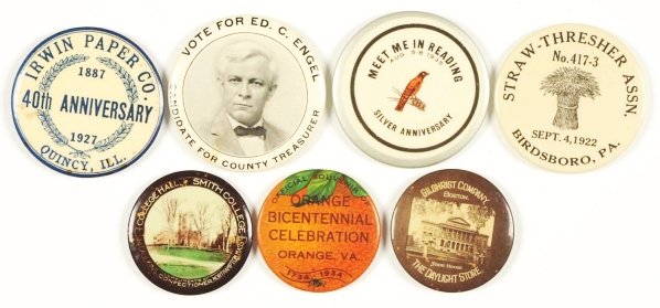 Lot of 7: Pocket Mirrors.: Political, Anniversary, Meeting, and Store. Condition (Excellent - Near Mint). Size Largest: 2 - 1/4" Dia.