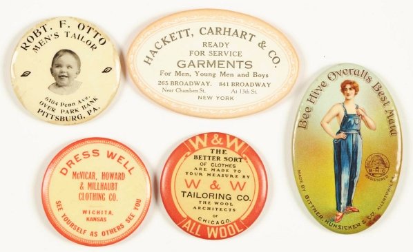 Lot of 5: Clothing & Tailoring Pocket Mirrors.: Includes Bee Hive Overalls with bumpiness and edge foxing. Condition (Excellent - Near Mint). Size Largest: 2 - 3/4" L.