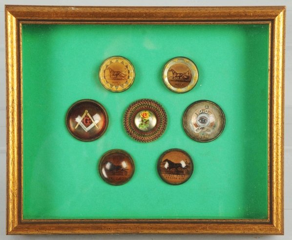 Lot of 9: Horse Rosettes Tack Buttons.: Nice assortment. Includes seven buttons in a shadow box and two that are loose. Condition (Excellent). Size Largest: 1 - 1/2" Dia.