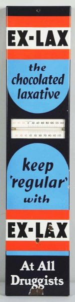 1940s Ex-Lax Porcelain Thermometer.: Rarely found horizontal tube variation. Small to medium chips, soiling, light surface wear. Condition (Very Good). Size 36 - 1/4" x 8 - 1/4".