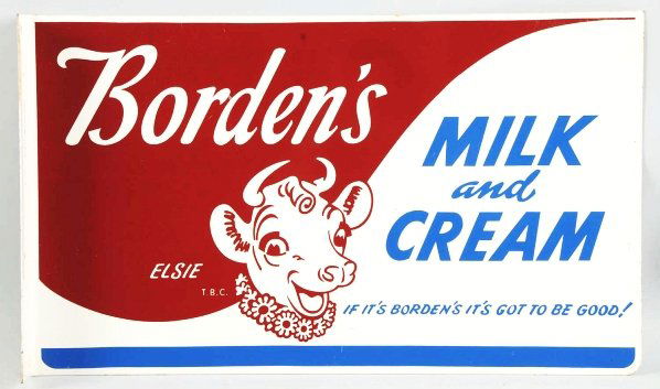 Circa 1959 Heavy Metal Borden's Flange Sign.: Bright and clean with only minor surface scratches near end on one side. Condition (Near Mint). Size 12" x 20".