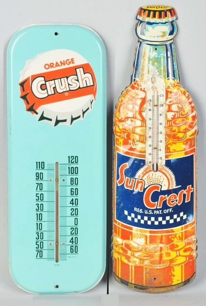 Tin Suncrest & Orange Crush Thermometers.: 1940s and 1950s. Overall heavy wear and surface rust to the Suncrest. The Orange Crush thermometer has small marks and almost no wear. Condition (Good - Excellent). Size Largest: 17" T.