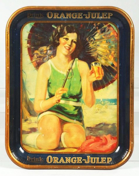 Orange-Julep Circa 1920s Tin Serving Tray.: Small spot stains and light soiling with only minor marks otherwise. Condition (Very Good). Size 13 - 1/4" x 10 - 1/2".