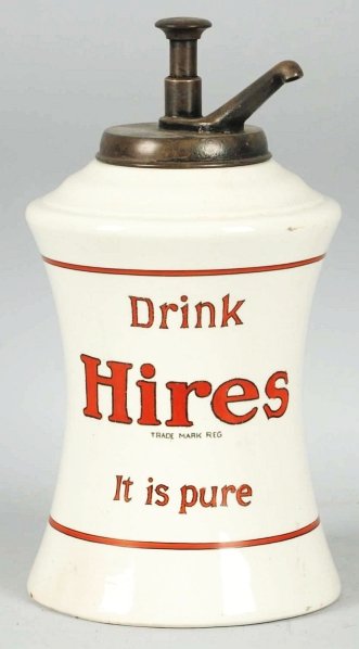 1920s Hires Root Beer Ceramic Syrup Dispenser.: With marked pump, light wear, soiling and crazing. Condition (Excellent). Size 14" T.