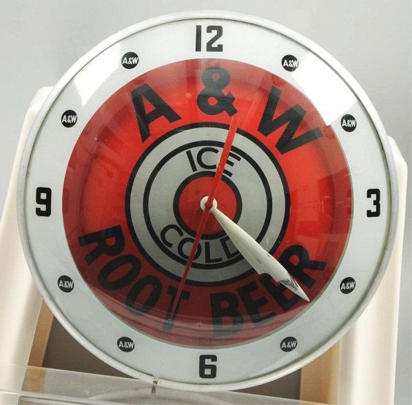 A & W Root Beer Double Bubble Light Up Clock.: Nice clock with only small soiling spots and light wear. Sweep hand rubs on minute hand a bit. Condition (Excellent Plus). Size 15" Dia.
